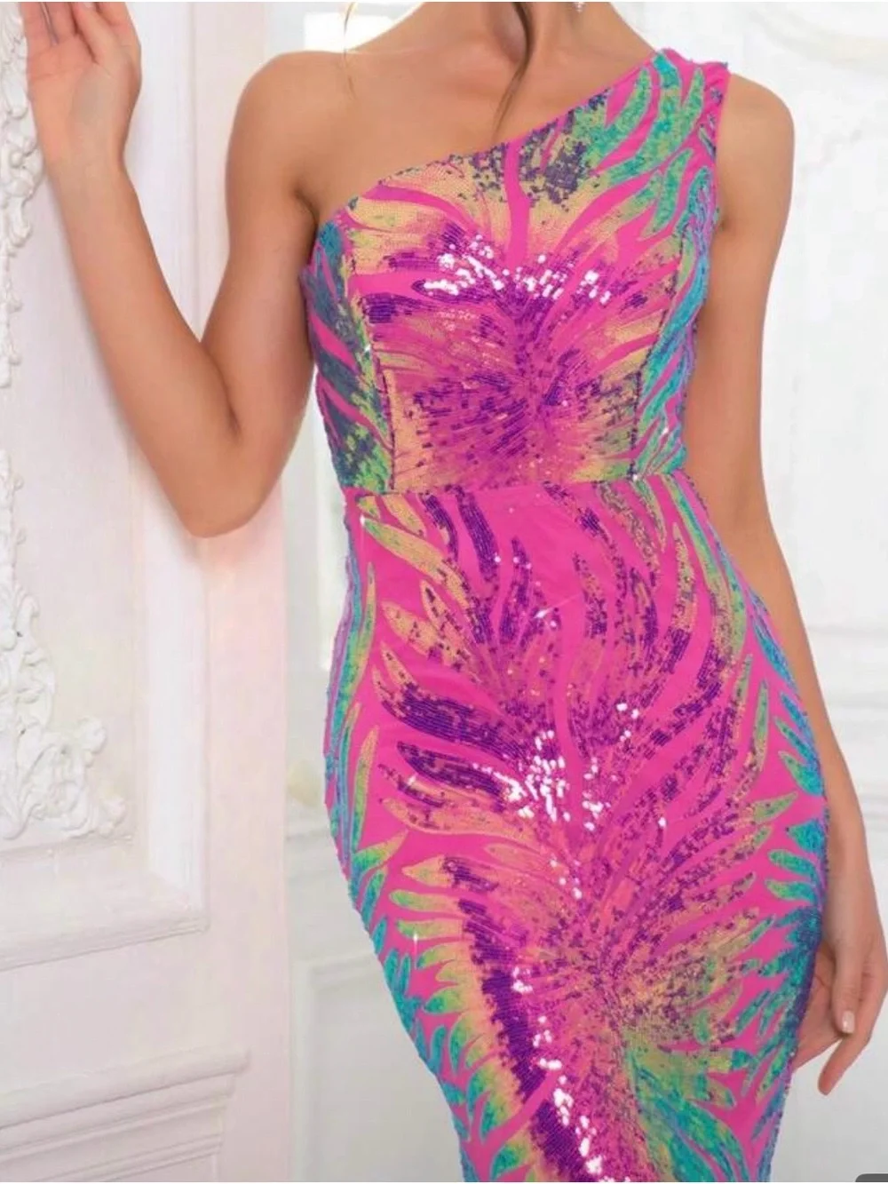 One-Shoulder Pink Sequin Evening Gown